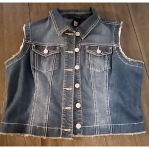 Baccini Denim Vest Large Jean Sleeveless Jacket Frayed Hem Y2K Layering
